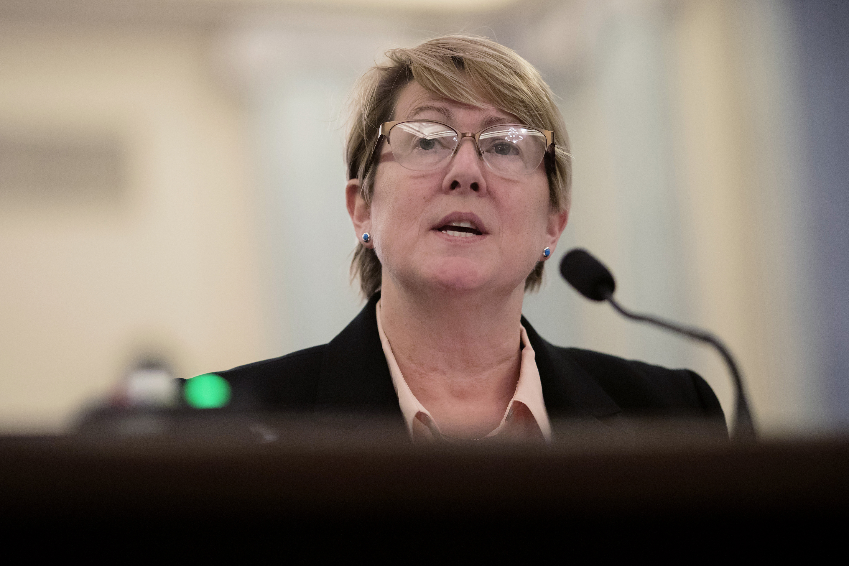 Senate Commerce Committee Hearing On NHTSA And Automaker Efforts To Repair Defective Takata Air Bag Inflators Heidi King, deputy administrator of the National Highway Traffic Safety Administration (NHTSA), speaks during a Senate Commerce Committee hearing on NHTSA and automaker efforts to repair defective Takata Corp. air bag inflators in Washington, D.C., U.S., on Tuesday, March 20, 2018. Takata last month agreed to pay as much as $650 million to settle claims in 44 states and the District of Columbia for defective air bags that can explode in car crashes, sending metal shards flying. Photographer: Eric Thayer/Bloomberg via Getty Images